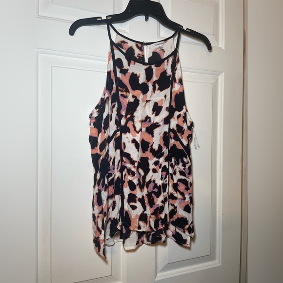 Calvin Klein Animal Print Tank Top Size Medium Peach & Black Piping Flowy - Picture 2 of 10